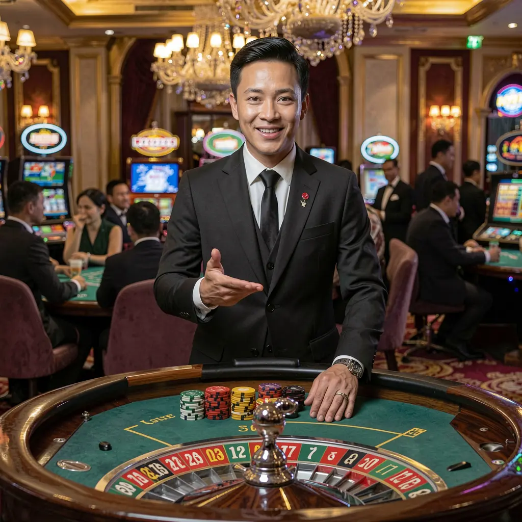 NOW23 – Experience the thrill of live casino games in Malaysia Elegant live casino dealer standing at a roulette table in a glamorous studio setting, representing the premium live casino experience available at NOW23 Malaysia