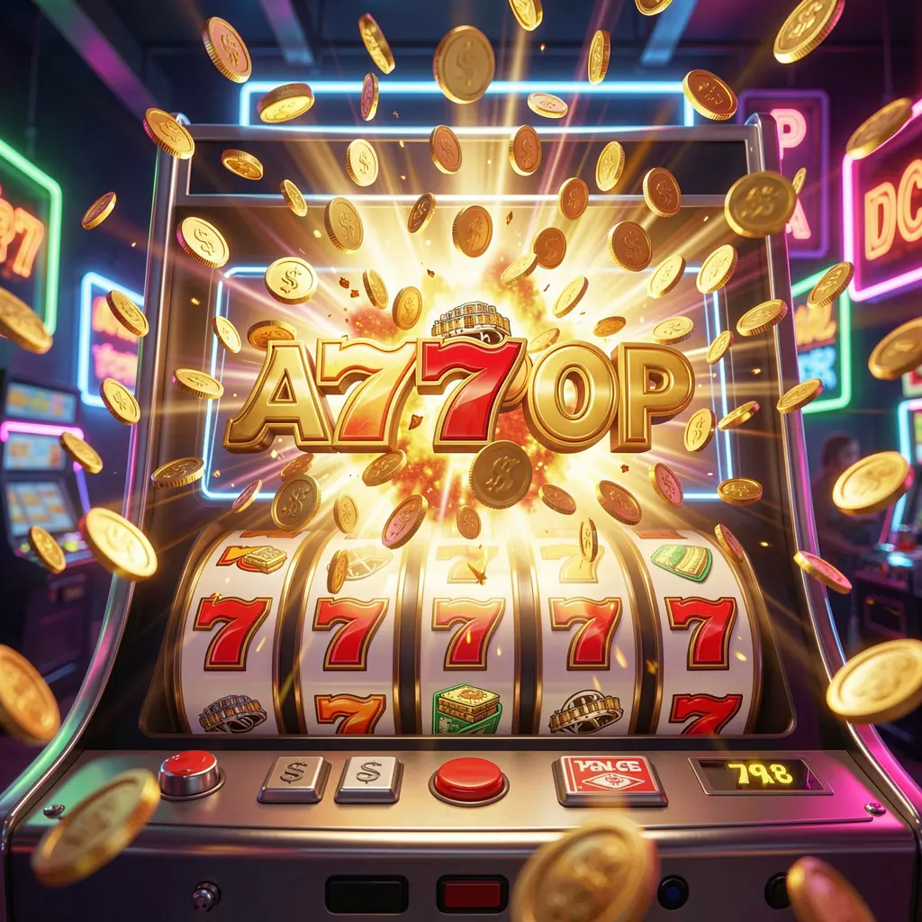 Close up of a modern slot machine displaying triple sevens with falling gold coins representing big wins and premium slot gaming on NOW23 Malaysia